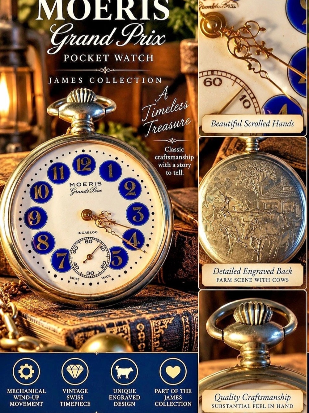 Moeris Grand Prix Pocket Watch Farm Scene Gold & White| The James Collection